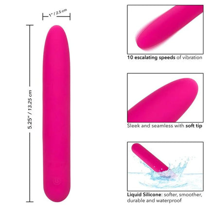Ein lebhafter pinkfarbener, geschwungen geformter vibrator aus liquid silicone mit weicher spitze und 10 vibrationsstufen von calexotics bliss vibe rosa