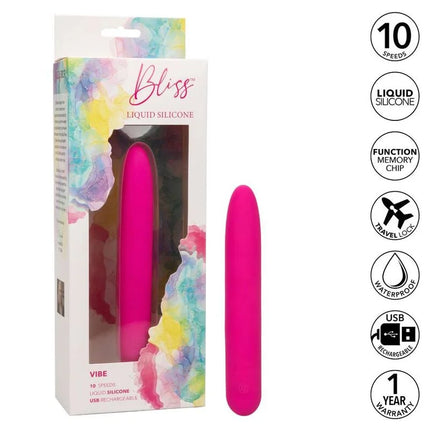 Ein lebhaft pinkes bliss vibe rosa vibratorgerät aus flüssigem silikon mit glatter oberfläche und abgerundeten enden von calexotics
