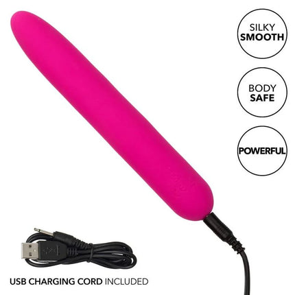 Vibrant pink sleekly curved silicone vibrator mit usb ladekabel von calexotics bliss vibe rosa