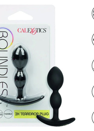 Schwarzer silikon teardrop analplug mit gebogenem grund und marke calexotics boundless 2x teardrop plug