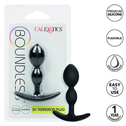 Schwarzer silikon teardrop analplug mit gebogenem grund und marke calexotics boundless 2x teardrop plug