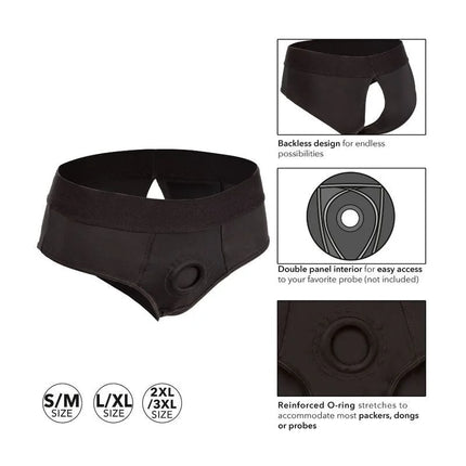 Schwarze backless briefs von calexotics mit verstärktem o-ring für verschiedene sondergrößen von proben hinten gesehen