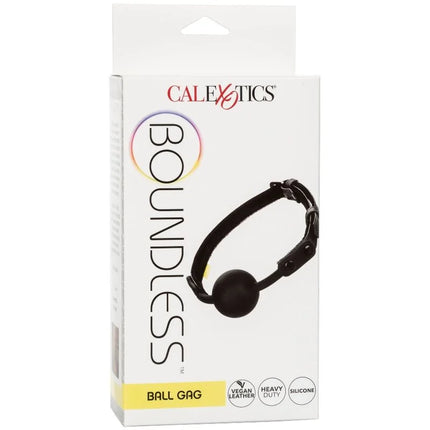 Schwarzer ballknebel aus silikon mit veganen lederriemen von calexotics im modell boundless