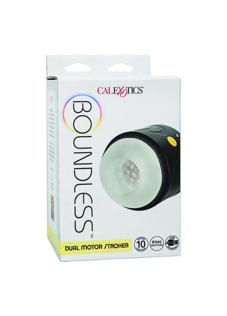 Calexotics Boundless Dual-Motor-Stroker mit schwarzem und durchsichtig-weißem Gehäuse und gelbem Power-Knopf