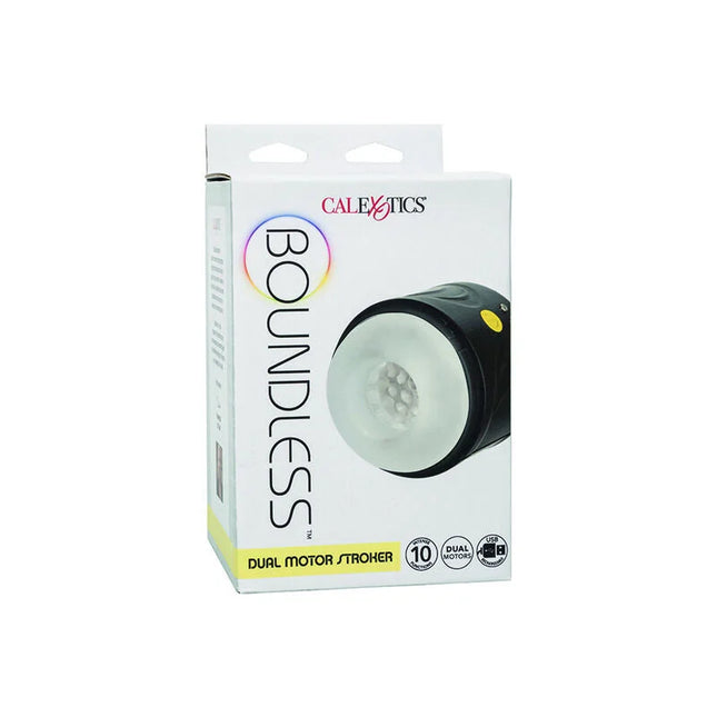 Calexotics Boundless Dual-Motor-Stroker mit schwarzem und durchsichtig-weißem Gehäuse und gelbem Power-Knopf