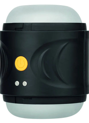Calexotics Boundless dual-motor-stroker eine schwarze zylindrische tragbare laterne mit weißer kuppel und gelbem knopf