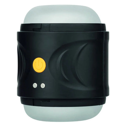 Calexotics Boundless dual-motor-stroker eine schwarze zylindrische tragbare laterne mit weißer kuppel und gelbem knopf