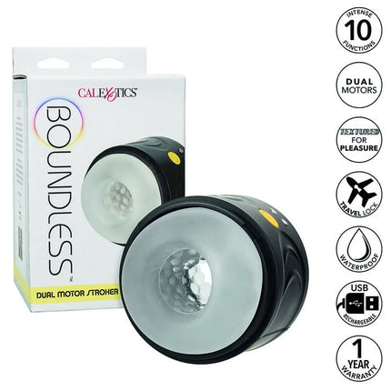 Calexotics boundless dual-motor-stroker aus schwarzem und durchsichtigem silikon mit strukturierter golfballähnlicher innenseite