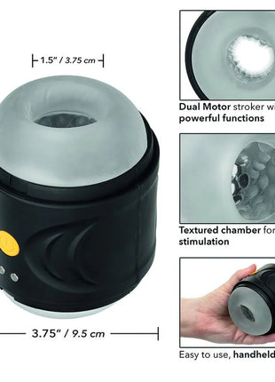 Calexotics Boundless dual motor stroker in schwarz und durchsichtig grau mit strukturierter kammer und gelbem powerknopf