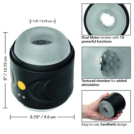 Calexotics Boundless dual motor stroker in schwarz und durchsichtig grau mit strukturierter kammer und gelbem powerknopf