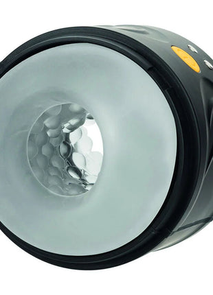 Schwarzer zylindrischer boundless dual-motor-stroker von calexotics mit durchscheinendem, strukturiertem inneren und gelbem knopf