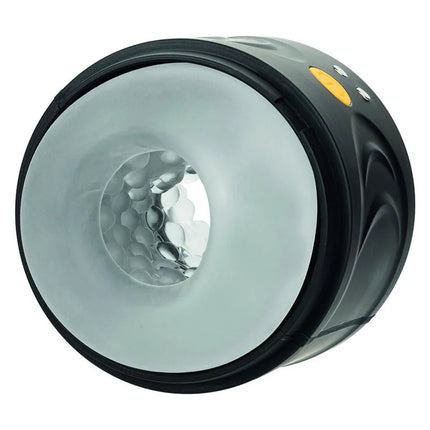 Schwarzer zylindrischer boundless dual-motor-stroker von calexotics mit durchscheinendem, strukturiertem inneren und gelbem knopf