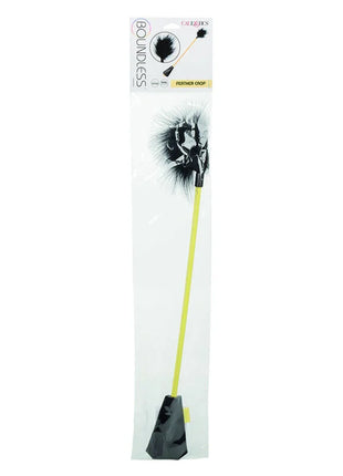 Calexotics boundless federnrte black feather crop with bright yellow handle packaged in clear plastic