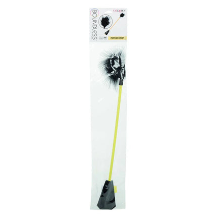 Calexotics boundless federnrte black feather crop with bright yellow handle packaged in clear plastic