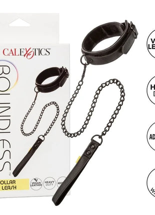 CalExotics boundless halsband und leine aus schwarzem veganem leder mit schwerer metallkette