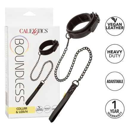 CalExotics boundless halsband und leine aus schwarzem veganem leder mit schwerer metallkette