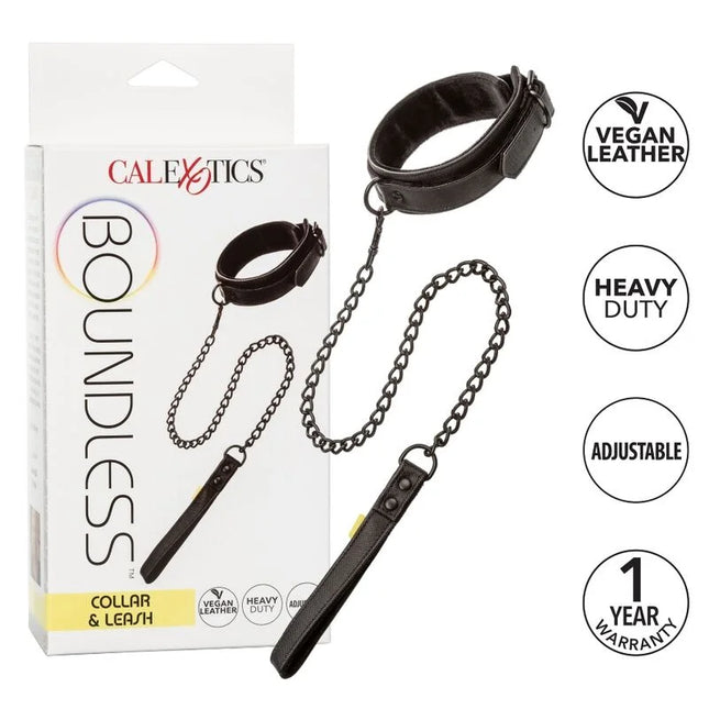CalExotics boundless halsband und leine aus schwarzem veganem leder mit schwerer metallkette