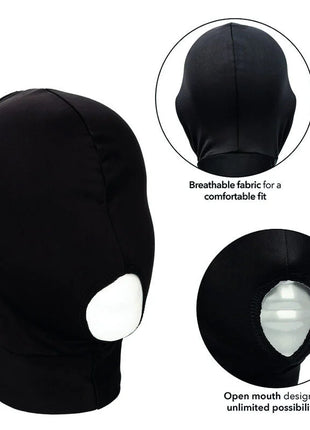 Schwarze eng anliegende kopfbedeckung aus atmungsaktivem stoff mit offenem mundbereich und augenlöchern von calexotics boundless hood