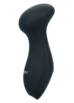 Schwarzer silikonvibrationsstab mit glatten ergonomischen konturen und dezentem calexotics-logo am unteren ende