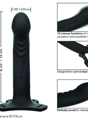 Schwarzer silikon dual penetration vibrator mit ergonomischen kurven und stabilem sockel von calexotics boundless multi harness