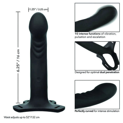 Schwarzer silikon dual penetration vibrator mit ergonomischen kurven und stabilem sockel von calexotics boundless multi harness