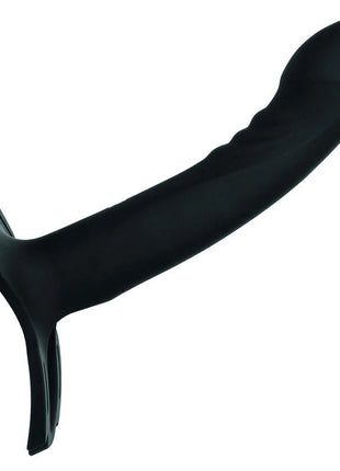 Schwarzer silikon-dildo mit texturiertem griff und gebogenem design von calexotics boundless multi harness