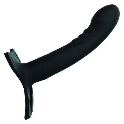 Schwarzer silikon-dildo mit texturiertem griff und gebogenem design von calexotics boundless multi harness