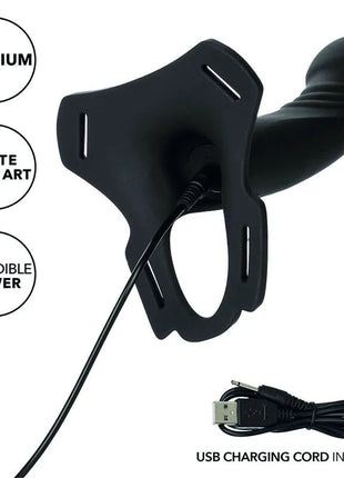 Schwarzes silikon erwachsenenspielzeug mit gebogenem ergonomischem design und integriertem ladeanschluss von calexotics boundless multi harness