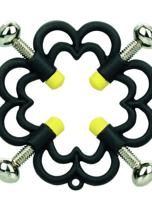 Calexotics boundless nippelgriffe black silicone blumenförmige klemme mit vier silberschrauben und gelben kappen
