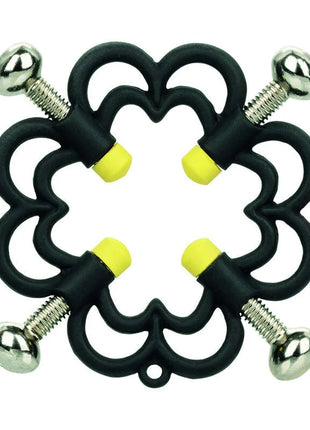 Calexotics boundless nippelgriffe black silicone blumenförmige klemme mit vier silberschrauben und gelben kappen