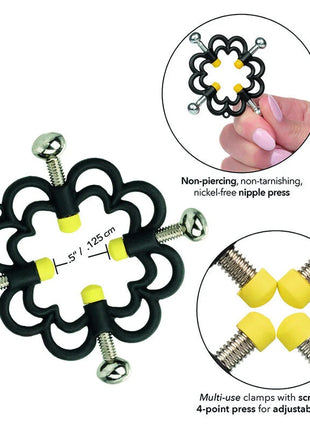 Calexotics boundless nippelgriffe schwarze blumenförmige nipple press mit silbernen schrauben und gelben silikonspitzen