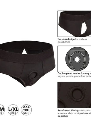 Schwarzer boundless rückenloser slip von calexotics mit verstärktem o-ring zur aufnahme verschiedener probes in xxl/xxxl, rückansicht