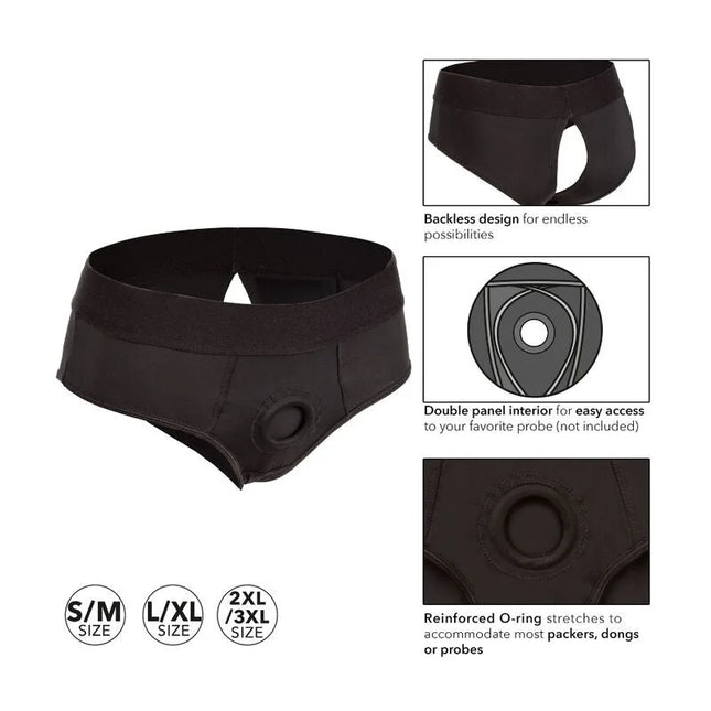Schwarzer boundless rückenloser slip von calexotics mit verstärktem o-ring zur aufnahme verschiedener probes in xxl/xxxl, rückansicht