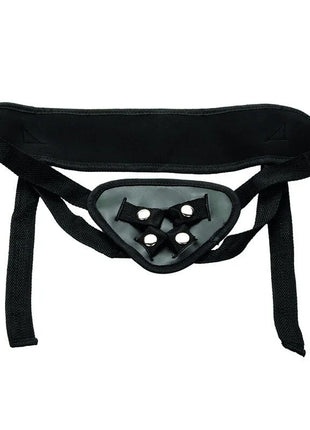 Schwarzer stoffgeschirr harness mit verstellbaren riemen und zentralem grauem panel mit drei schwarzen schnallenbefestigungen für calexotics boundless silikon-kurve pegging kit