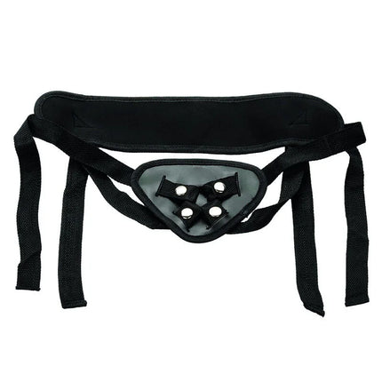 Schwarzer stoffgeschirr harness mit verstellbaren riemen und zentralem grauem panel mit drei schwarzen schnallenbefestigungen für calexotics boundless silikon-kurve pegging kit