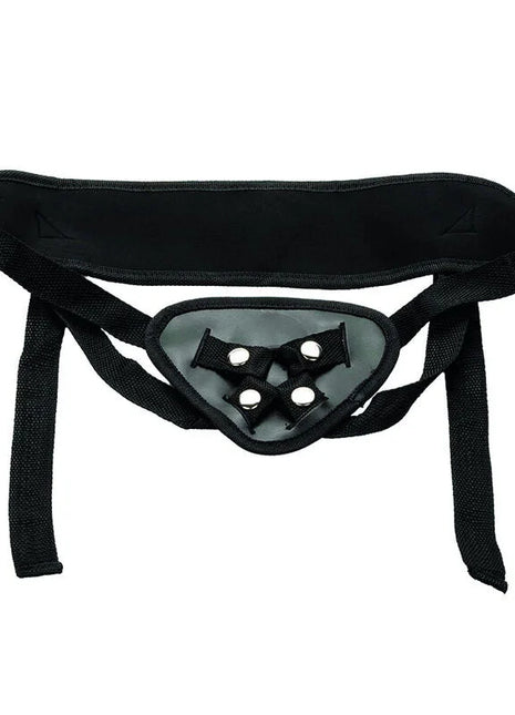 Schwarzer stoffgeschirr harness mit verstellbaren riemen und zentralem grauem panel mit drei schwarzen schnallenbefestigungen für calexotics boundless silikon-kurve pegging kit
