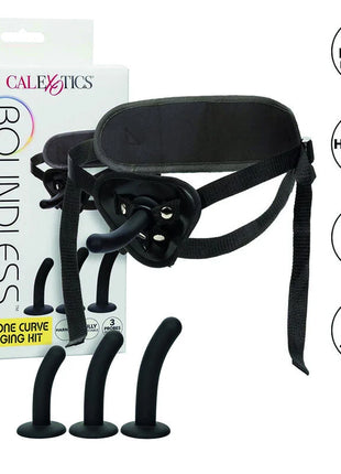 Calexotics Boundless silikon-kurve-pegging-kit in schwarz mit drei inklusiven silikon-proben und gurtzeug