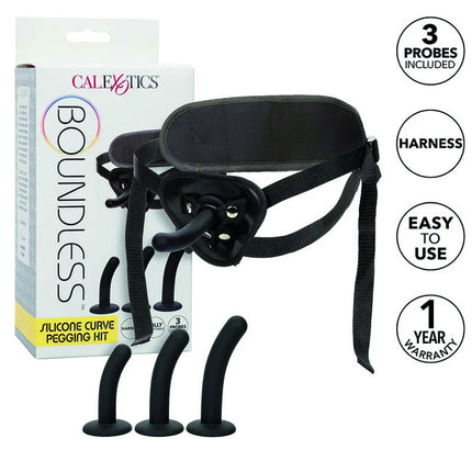 Calexotics Boundless silikon-kurve-pegging-kit in schwarz mit drei inklusiven silikon-proben und gurtzeug