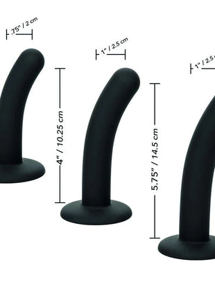 Set von drei schwarzen silikon pegging analplugs mit gebogener, konischer form und abgerundeter basis von CalExotics