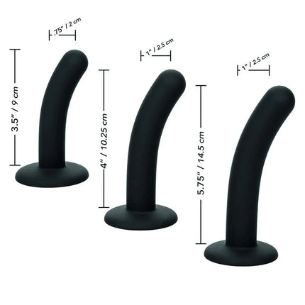 Set von drei schwarzen silikon pegging analplugs mit gebogener, konischer form und abgerundeter basis von CalExotics