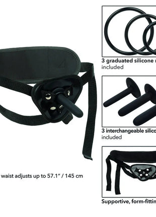 Black silicone anal dilator harness mit verstellbarem bund und inklusiven graduellen ringe und sondenset von calexotics