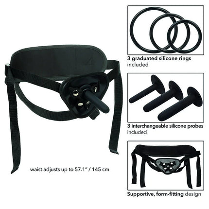 Black silicone anal dilator harness mit verstellbarem bund und inklusiven graduellen ringe und sondenset von calexotics