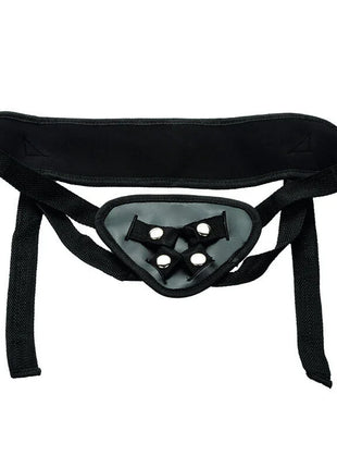 Black fabric harness mit zentralem grauem panel, drei verstellbaren schwarzen riemen und weißen kreisförmigen schnallen, calexotics boundless silikon-pegging-kit