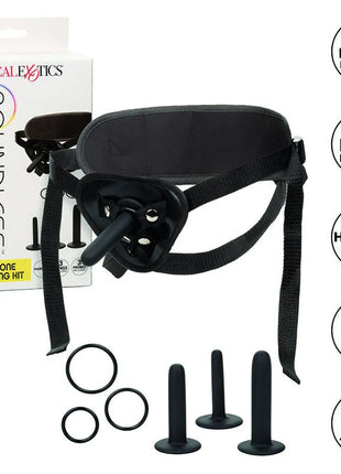 Schwarzes silikon pegging kit von calexotics mit drei austauschbaren dildos und ringen für bondage einsatz