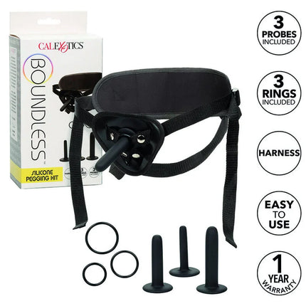 Schwarzes silikon pegging kit von calexotics mit drei austauschbaren dildos und ringen für bondage einsatz
