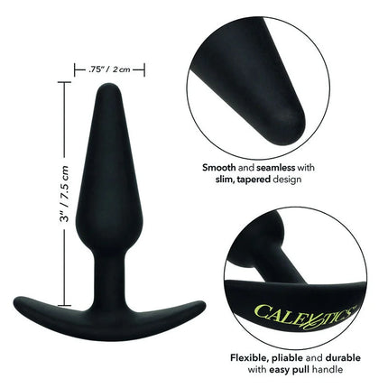 Schwarzer silikon analplug calexotics boundless slim plug mit verjüngtem, glattem design und zuglasche