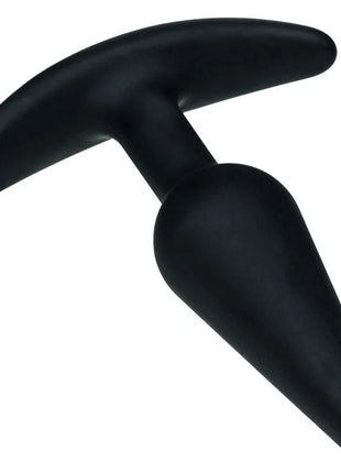 Schwarzer silikon butt plug mit t-förmigem griff von calexotics boundless slim plug sichtbar von hinten