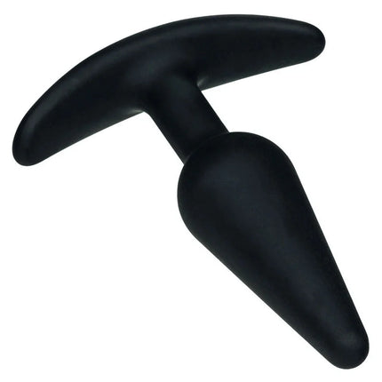 Schwarzer silikon butt plug mit t-förmigem griff von calexotics boundless slim plug sichtbar von hinten