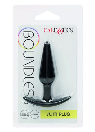 Calexotics boundless slim plug schwarzer silikon schlanker plug mit gebogenem grundplatte in klarer verpackung