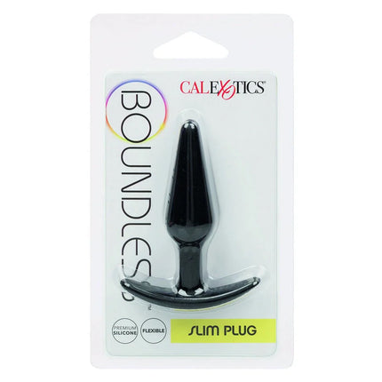 Calexotics boundless slim plug schwarzer silikon schlanker plug mit gebogenem grundplatte in klarer verpackung
